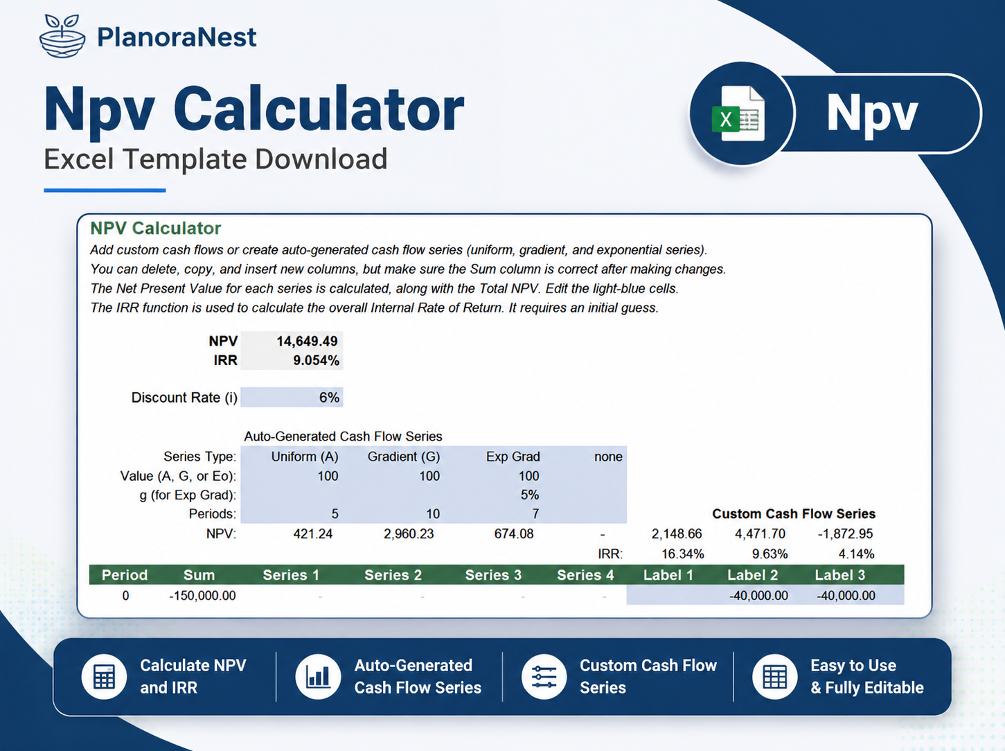 npv calculation excel template screenshot — PlanoraNest Excel template