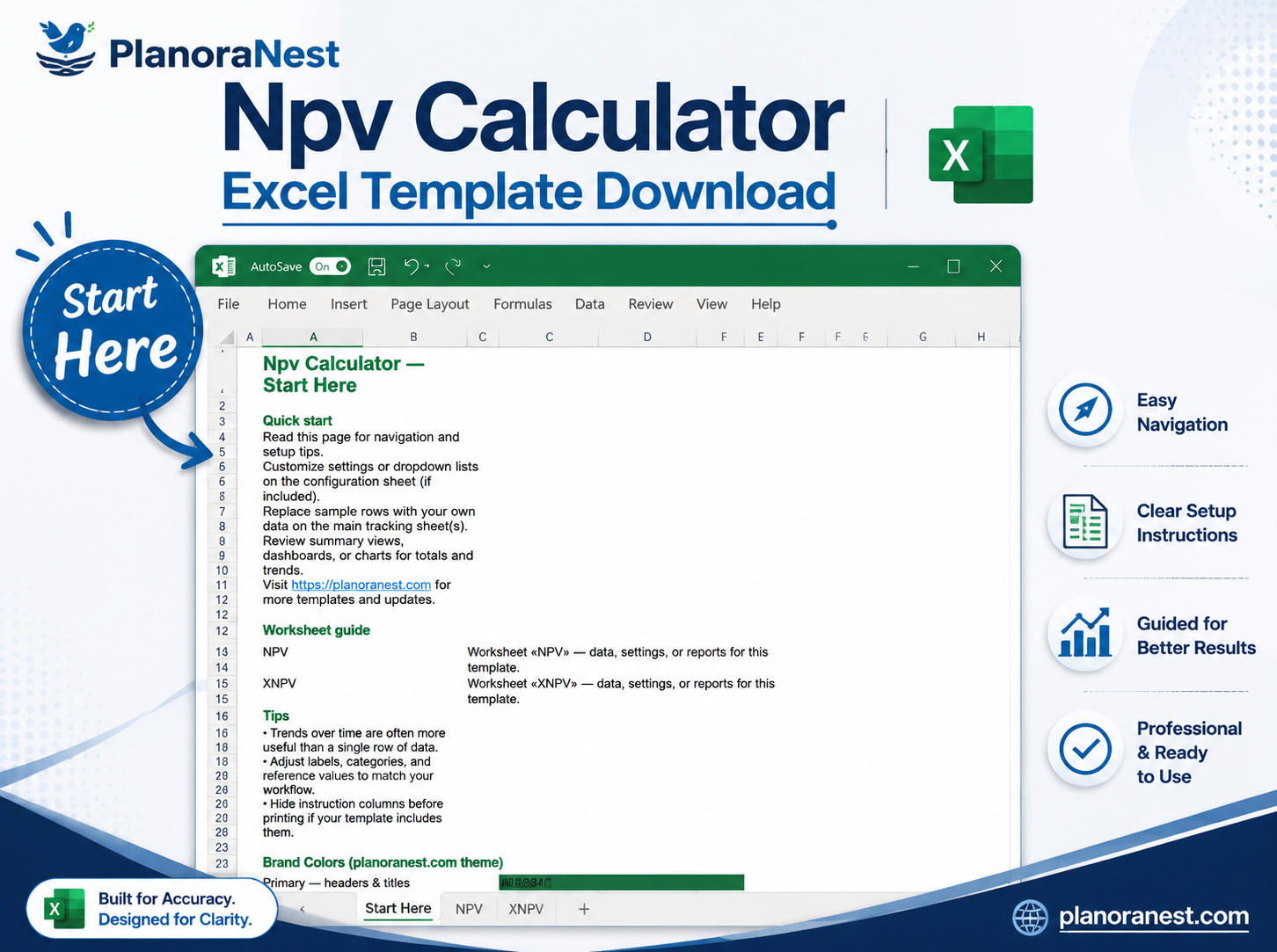 npv calculation in excel template start here screenshot — PlanoraNest Excel template