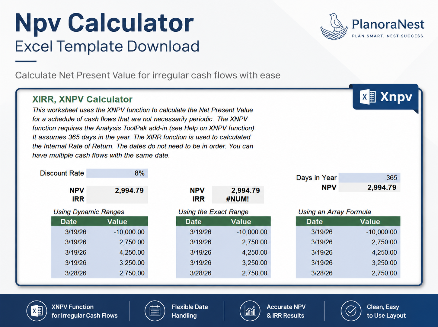 calculate npv excel template screenshot — PlanoraNest Excel template