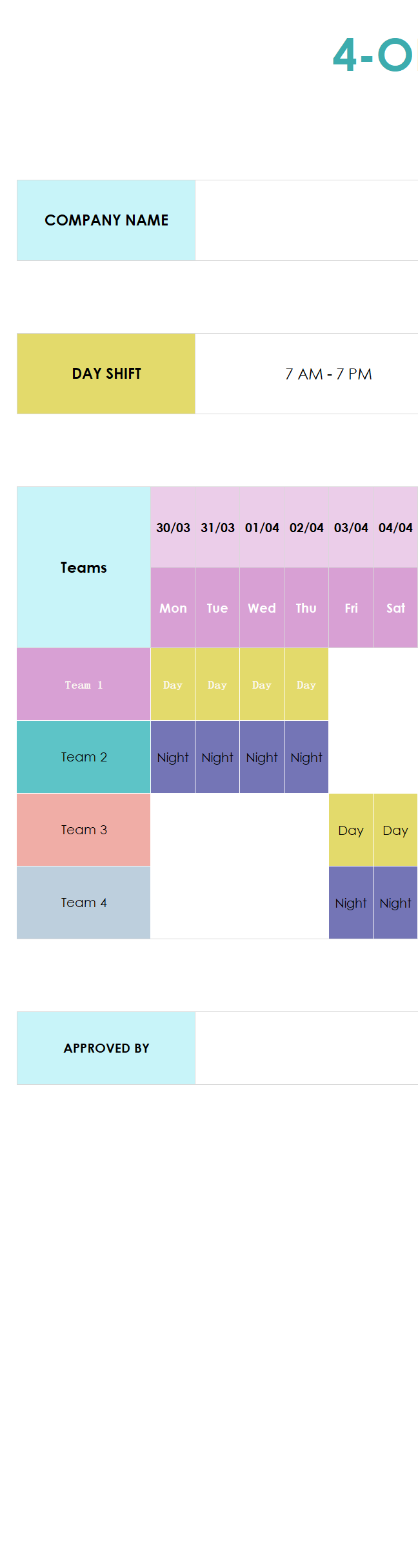 4-on,4-off shift work schedule template excel template screenshot — PlanoraNest Excel template