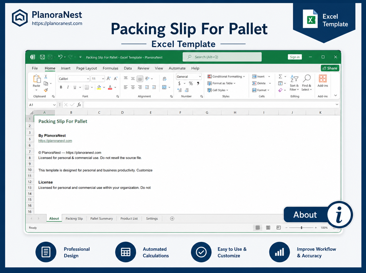 packing slip for pallet excel template — About sheet