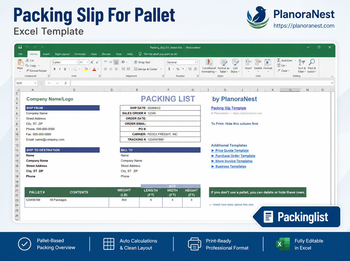 packing slip for pallet excel template — PackingList sheet