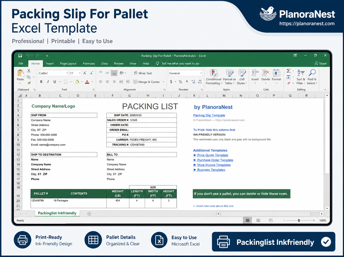 packing slip for pallet excel template — PackingList InkFriendly sheet
