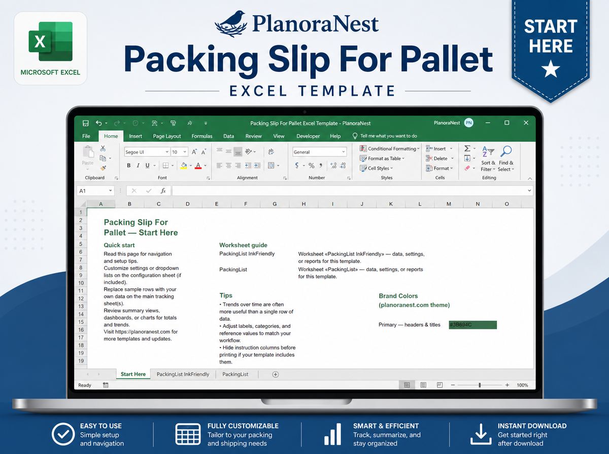 packing slip for pallet excel template — Start Here sheet
