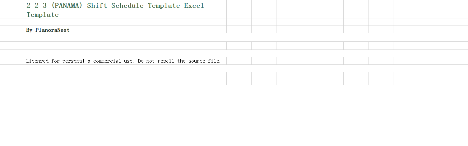 excel 2-2-3 (panama) shift schedule template template screenshot — PlanoraNest Excel template