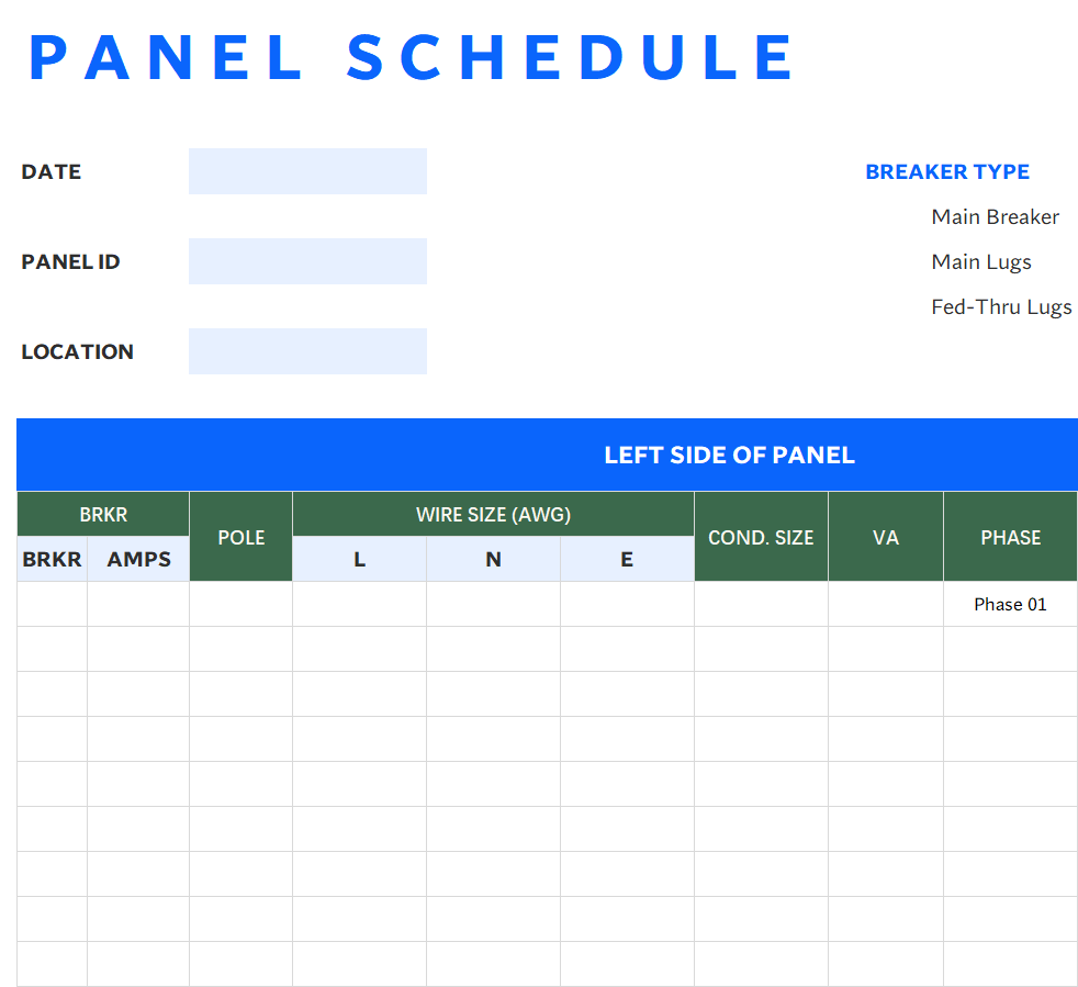 panel schedule template excel template screenshot — PlanoraNest Excel template