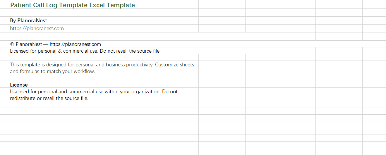 patient call log template excel screenshot — PlanoraNest Excel template