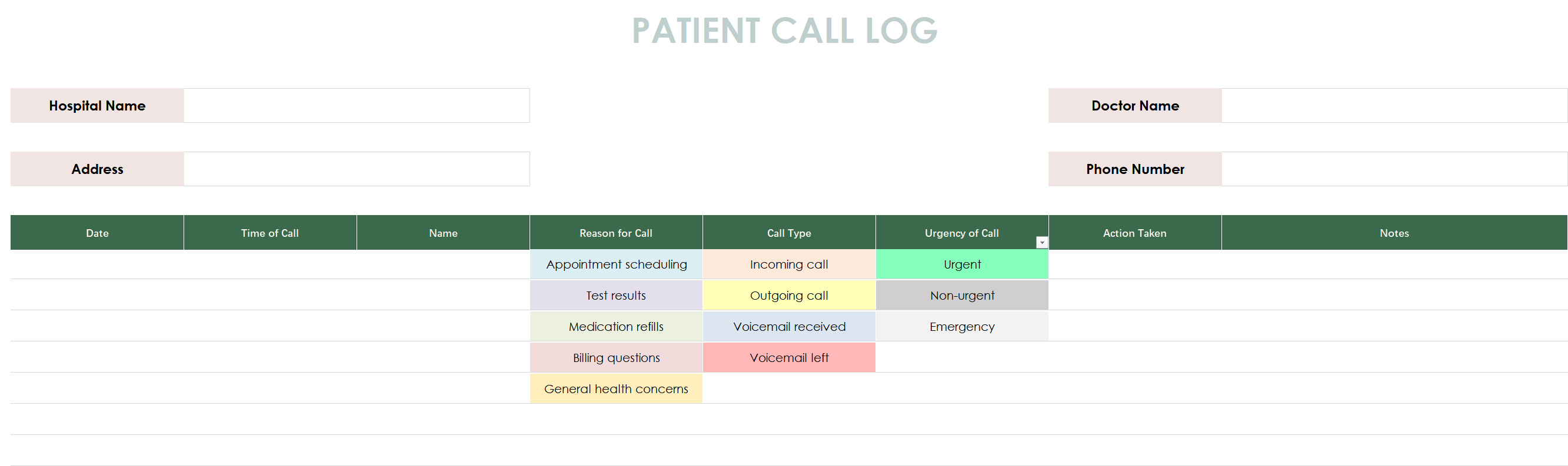 patient call log template excel screenshot — PlanoraNest Excel template