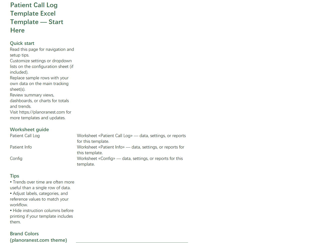 patient call log template excel start here screenshot — PlanoraNest Excel template