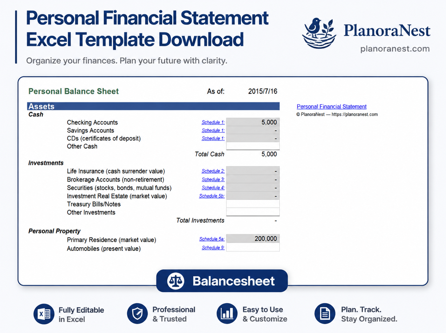 personal financial statement template excel download screenshot — PlanoraNest Excel template