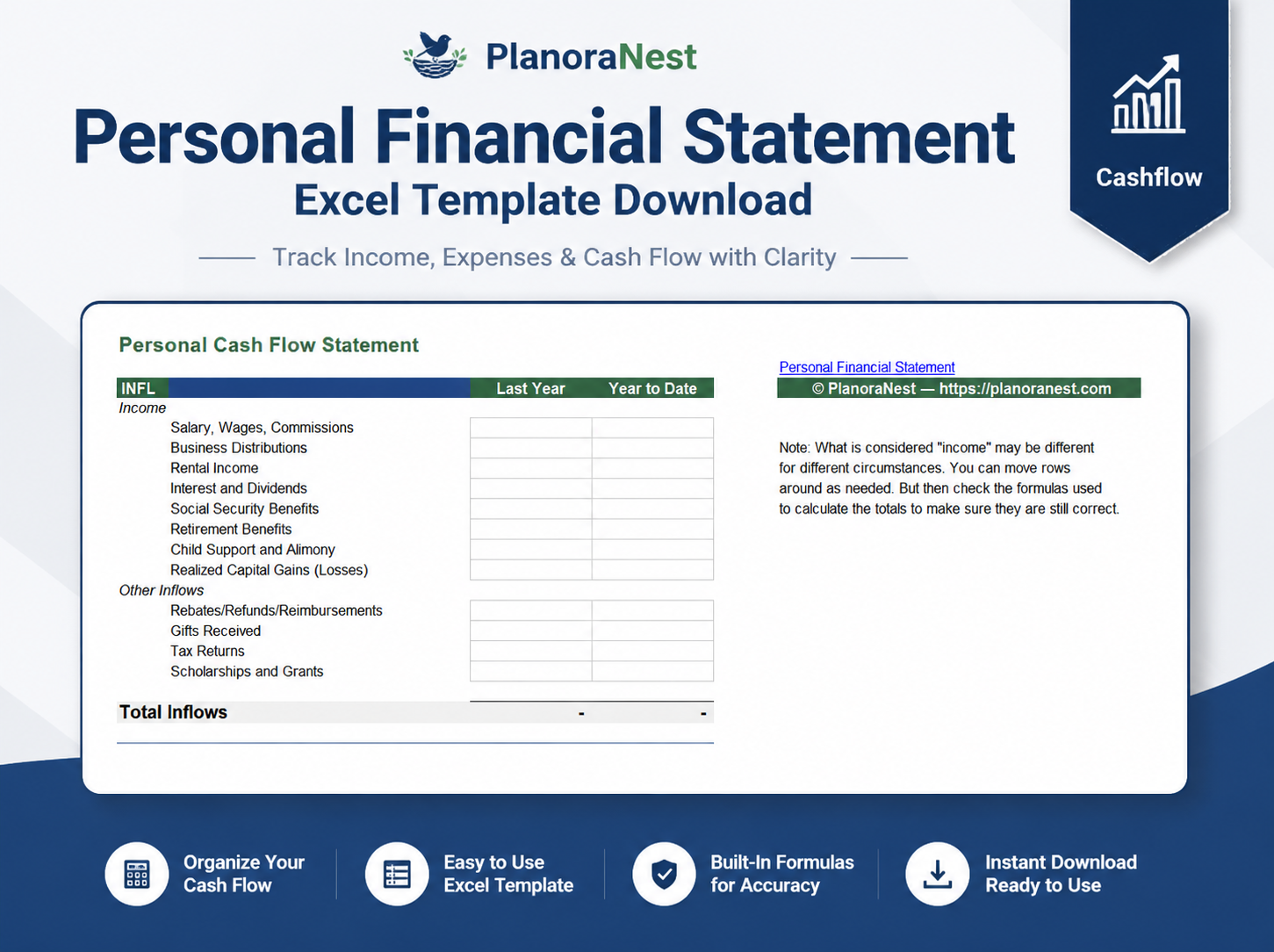 personal financial statement template excel screenshot — PlanoraNest Excel template