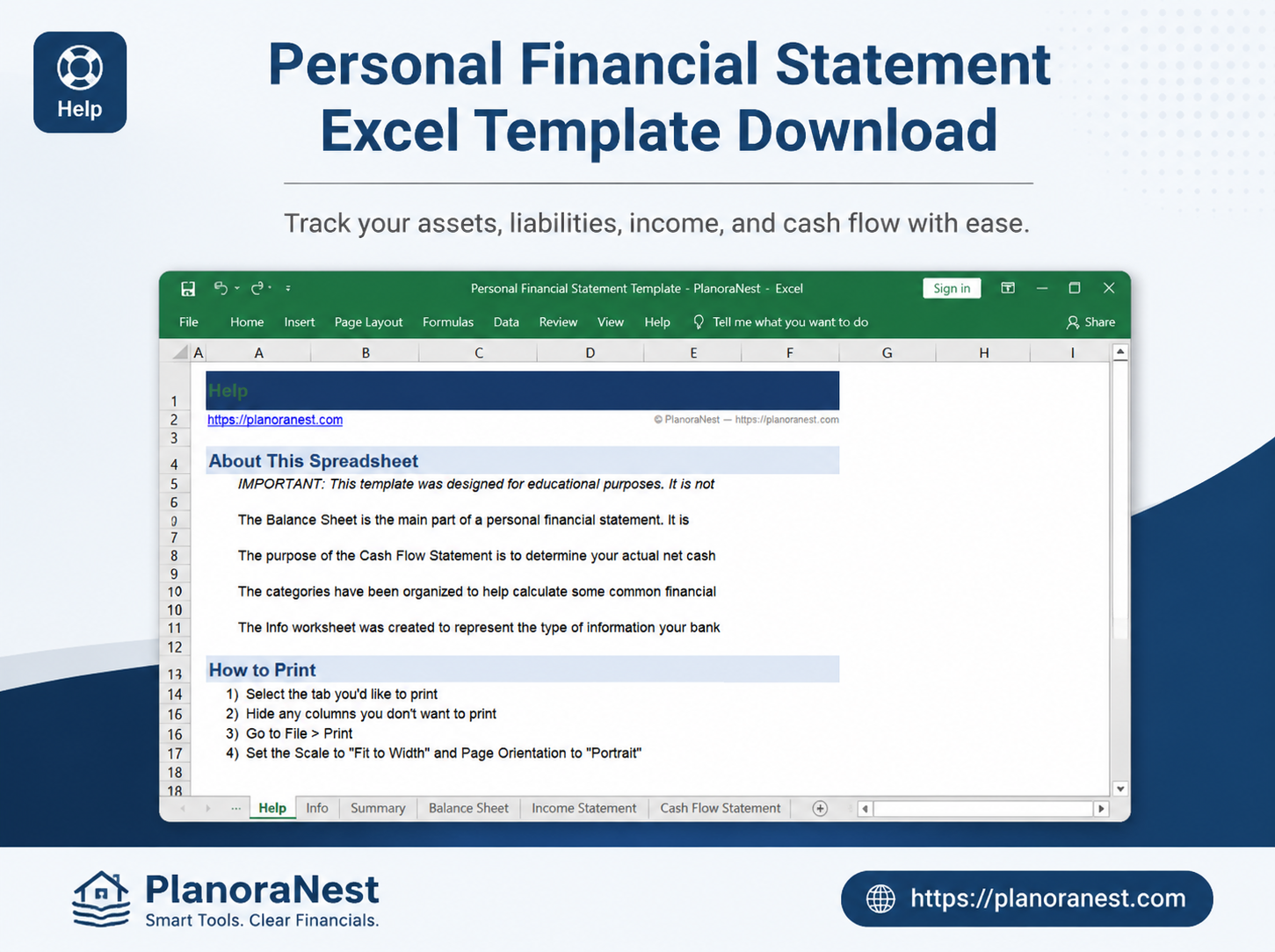 excel personal financial statement template screenshot — PlanoraNest Excel template