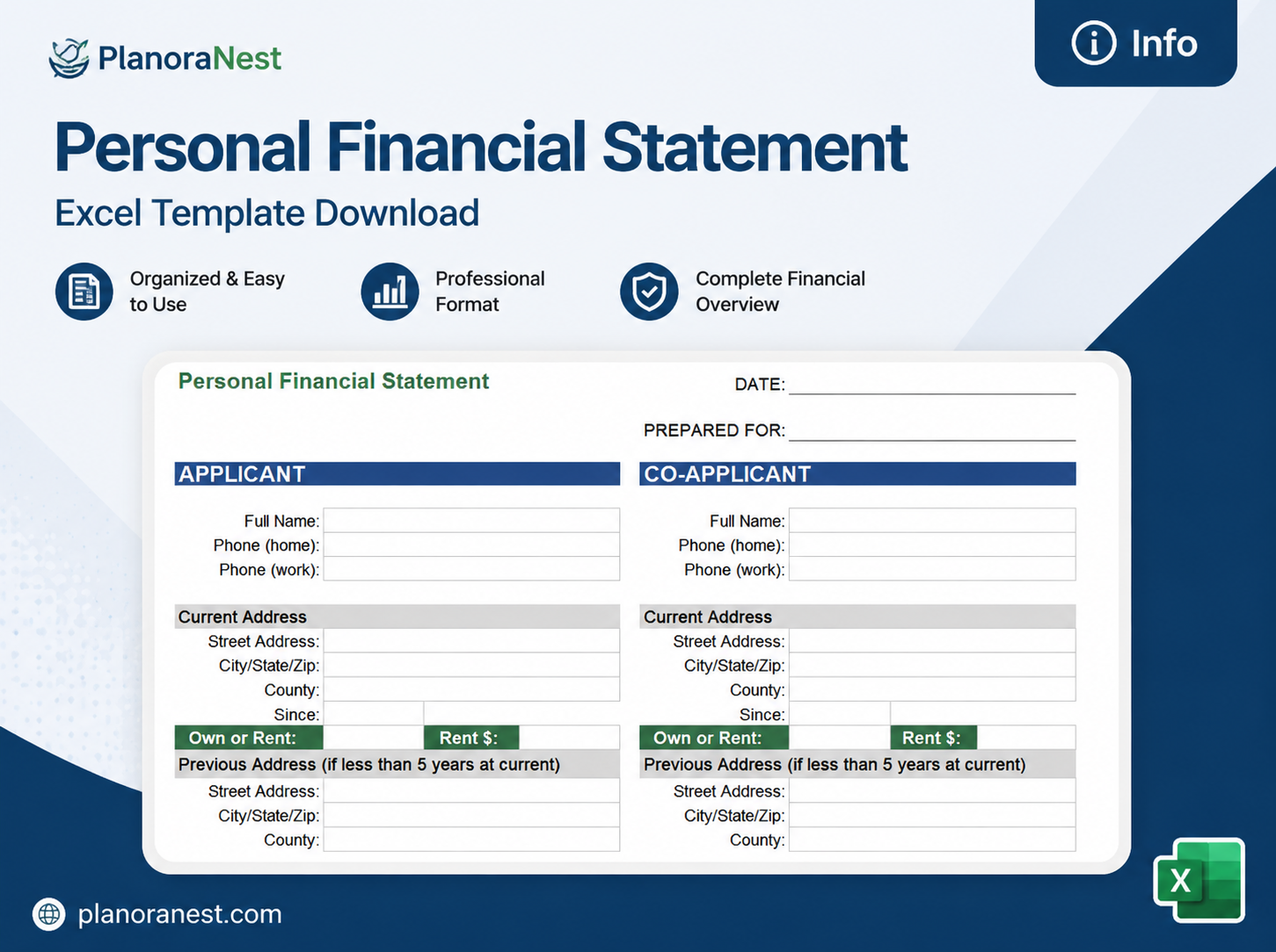 excel template personal financial statement screenshot — PlanoraNest Excel template