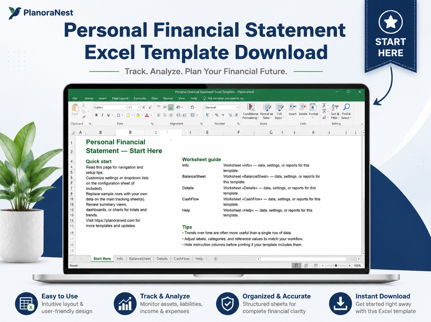 personal financial statement template in excel start here screenshot — PlanoraNest Excel template