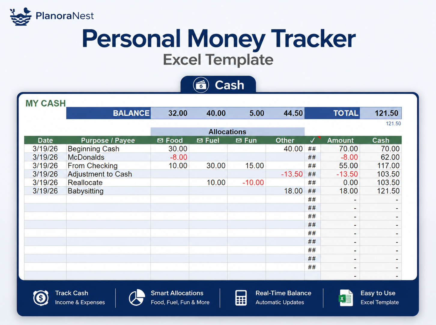 excel personal money tracker template screenshot — PlanoraNest Excel template