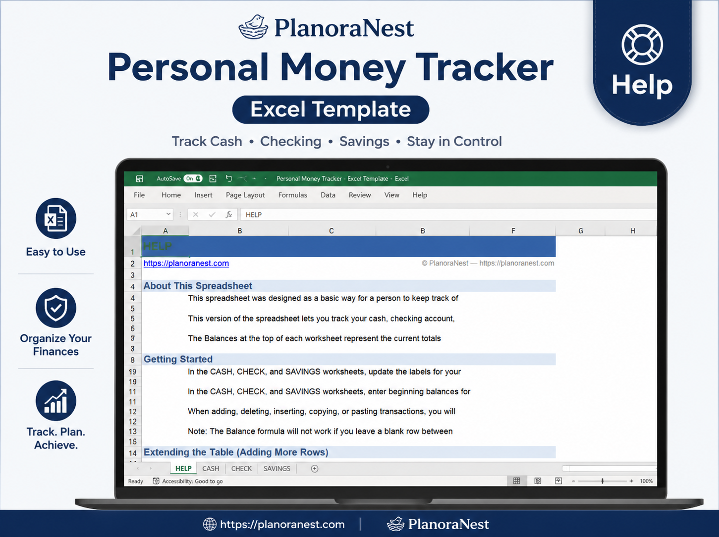money tracker template excel screenshot — PlanoraNest Excel template