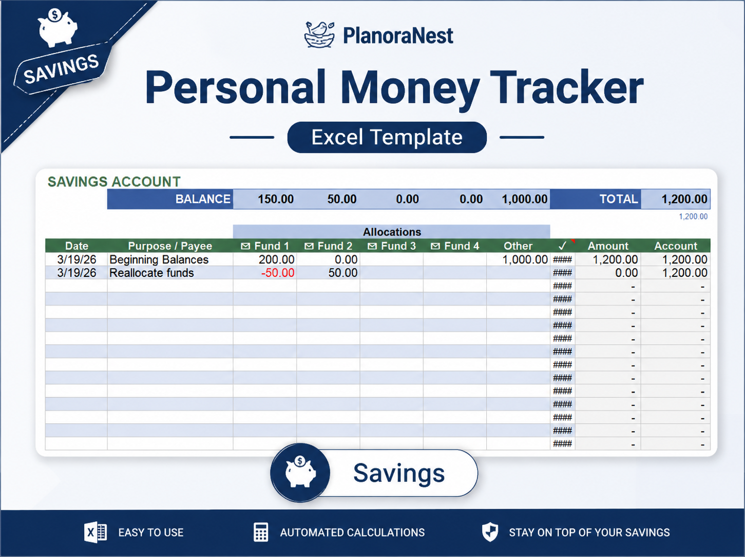 money tracker excel template screenshot — PlanoraNest Excel template