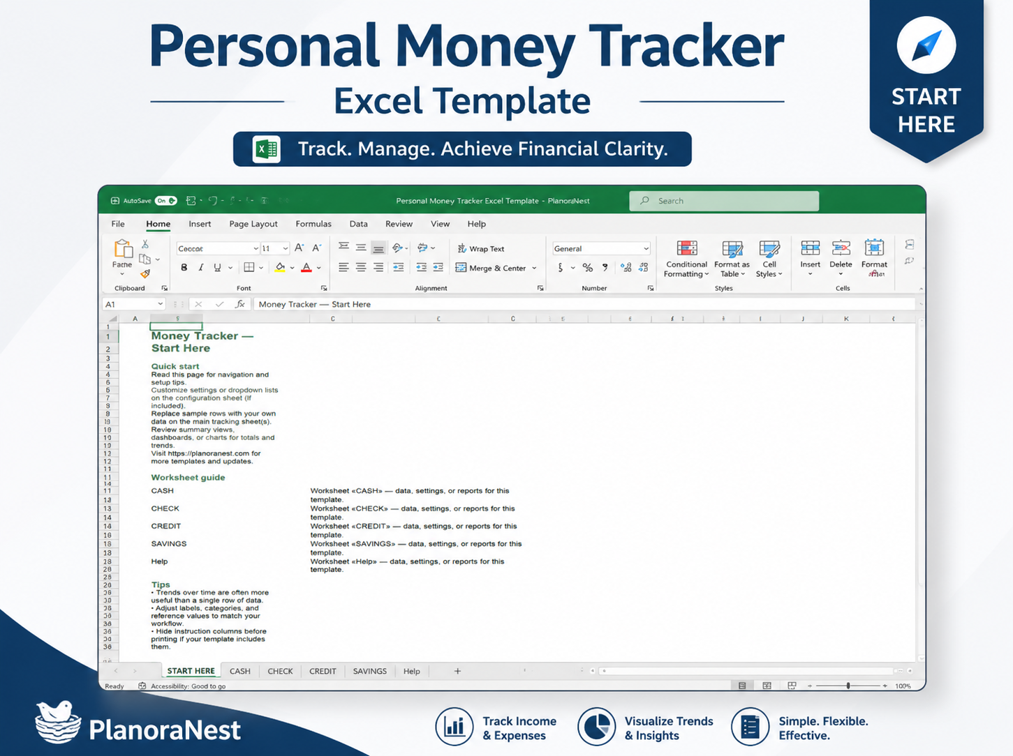 excel template money tracker start here screenshot — PlanoraNest Excel template