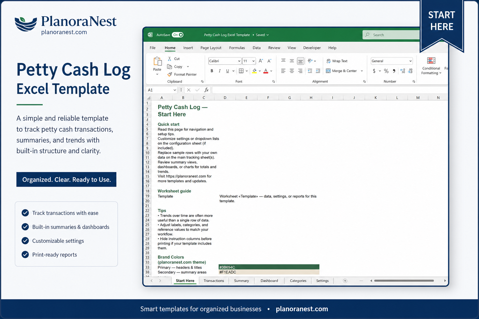petty cash log excel template — Start Here sheet