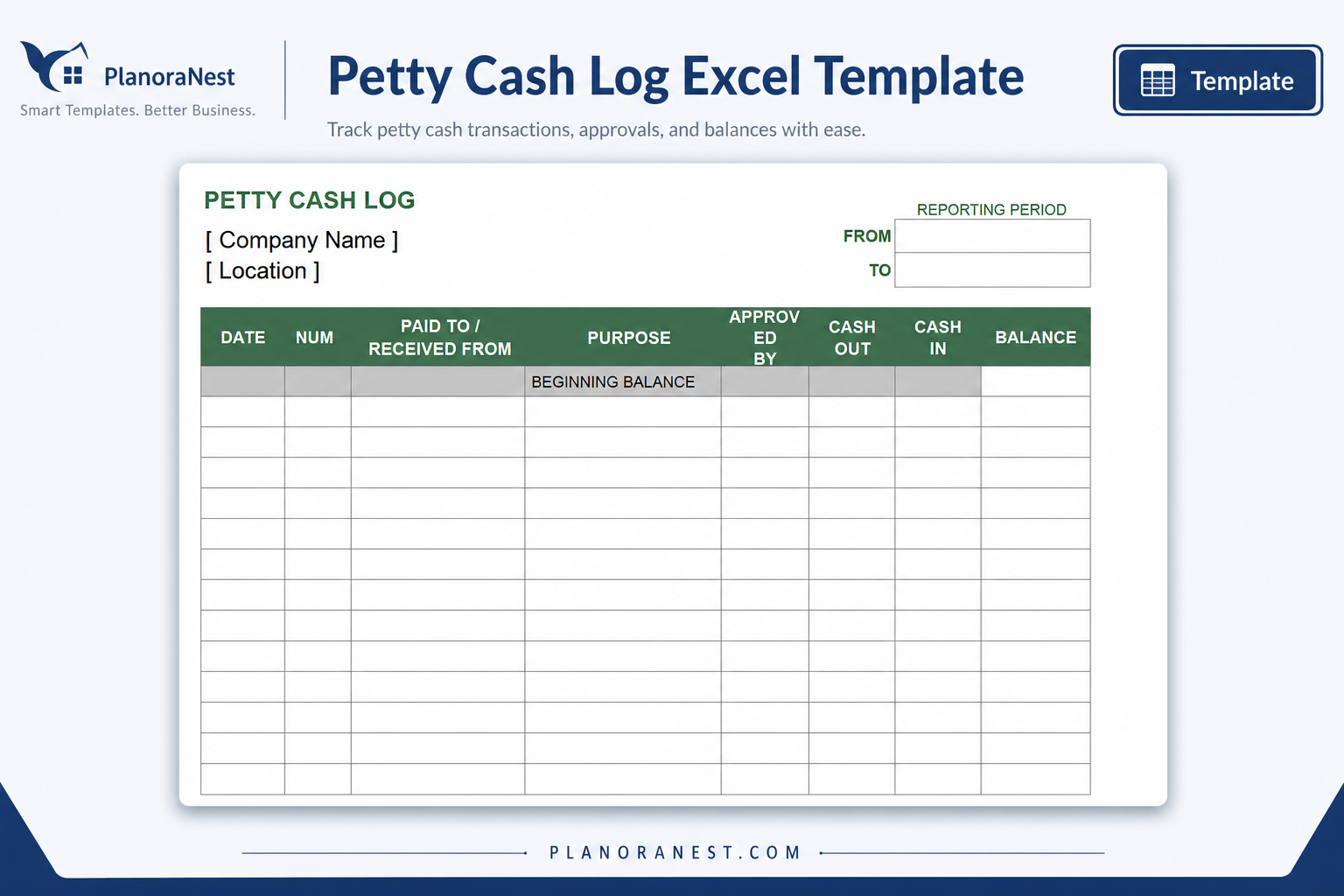 petty cash log excel word template screenshot — PlanoraNest Excel template