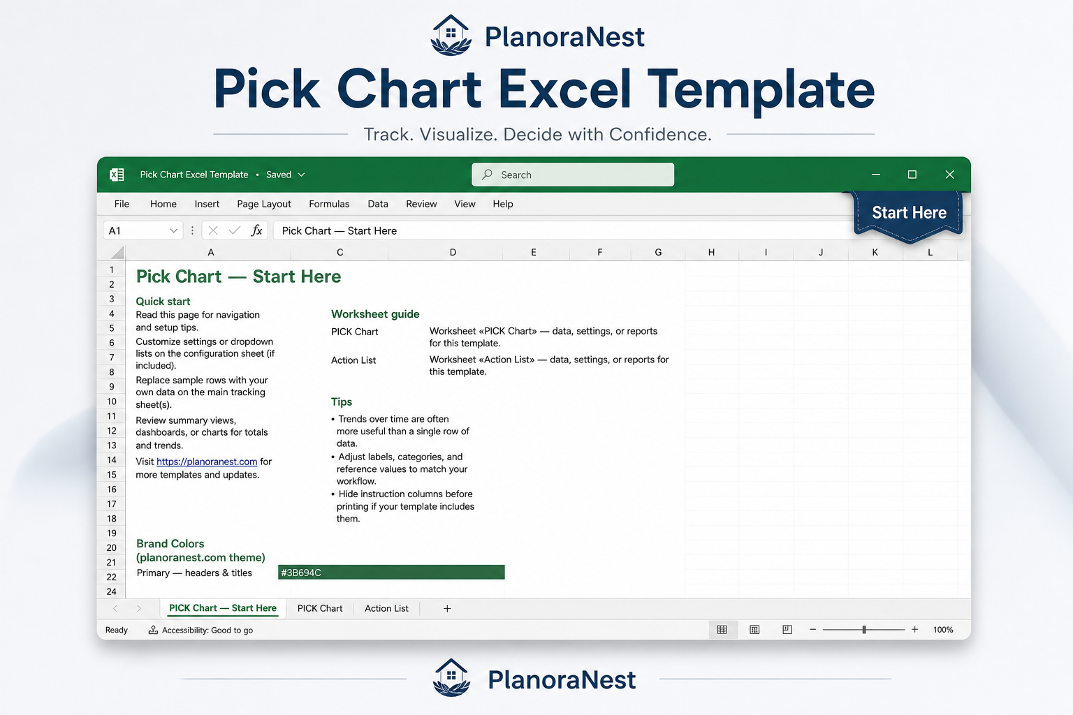pick chart template excel start here screenshot -- PlanoraNest Excel template