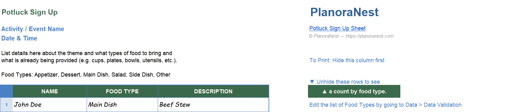 holiday potluck sign up sheet excel template screenshot — PlanoraNest Excel template