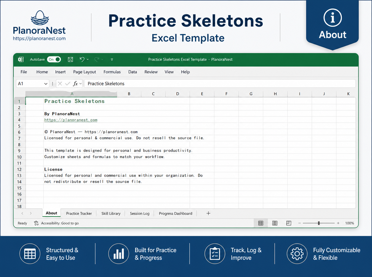 excel practice skeletons template screenshot — PlanoraNest Excel template