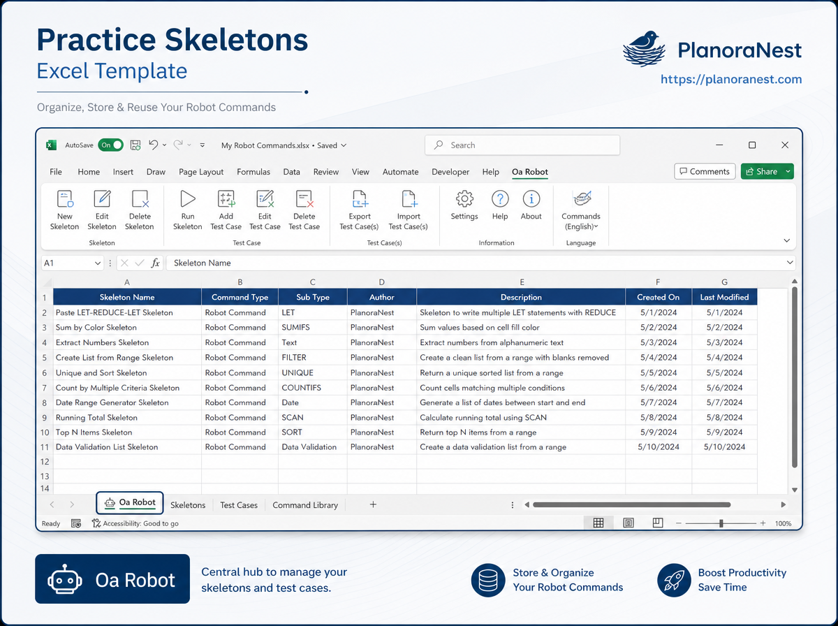 practice skeletons excel screenshot — PlanoraNest Excel template