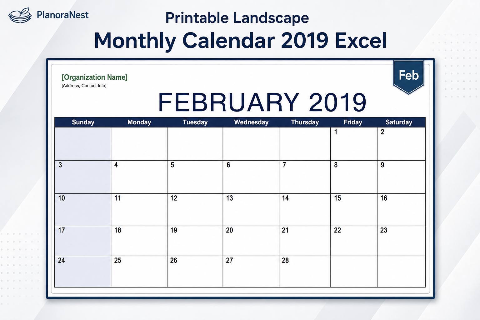 printable landscape monthly calendar 2019 excel screenshot — PlanoraNest Excel template