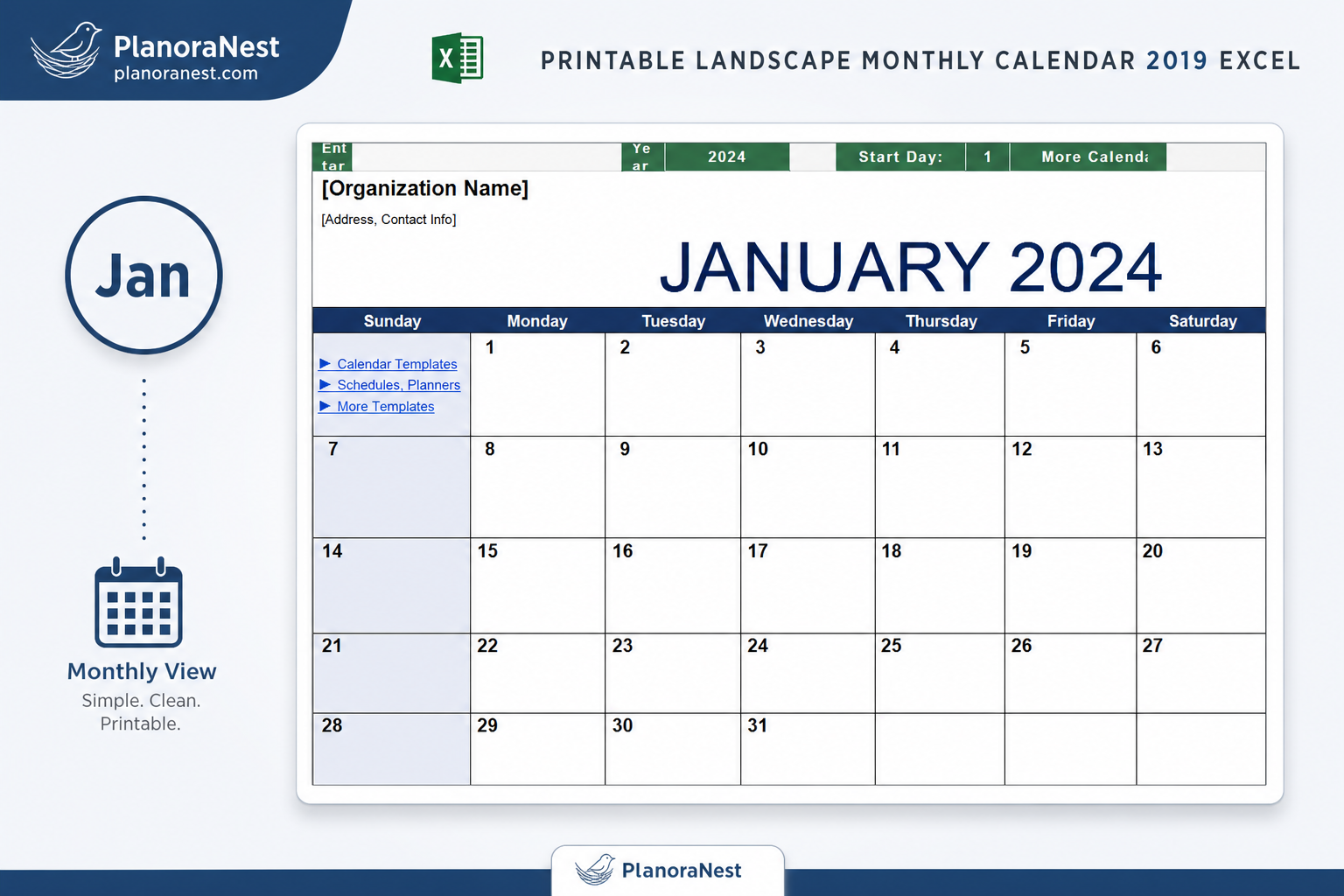 printable landscape monthly calendar 2019 excel screenshot — PlanoraNest Excel template