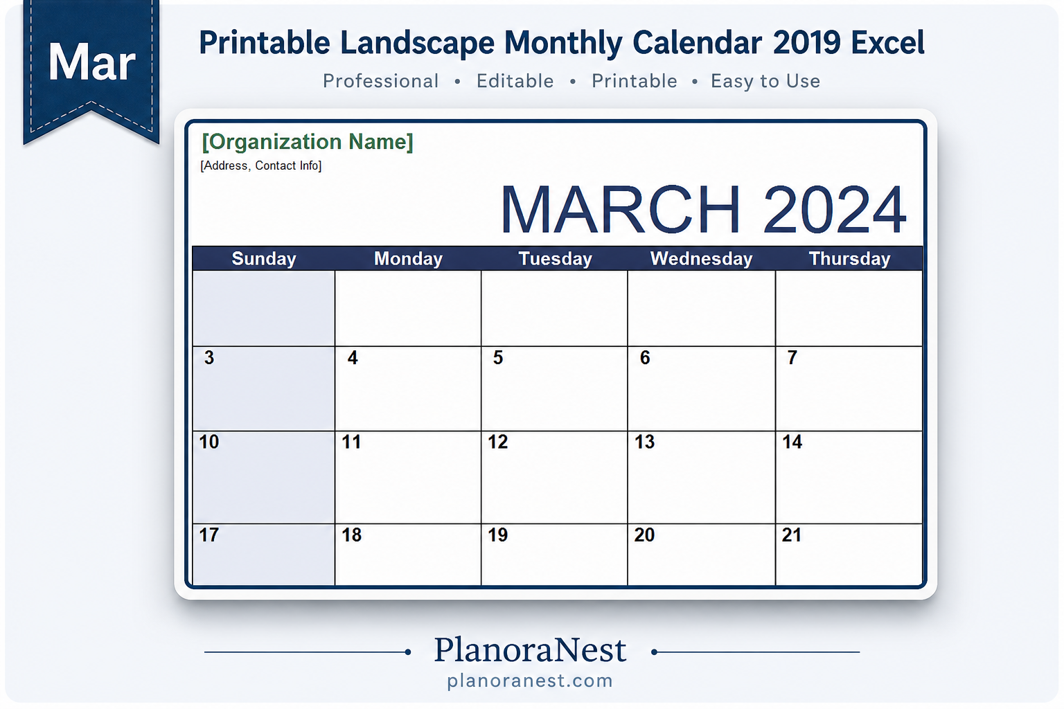 printable landscape monthly calendar 2019 excel screenshot — PlanoraNest Excel template