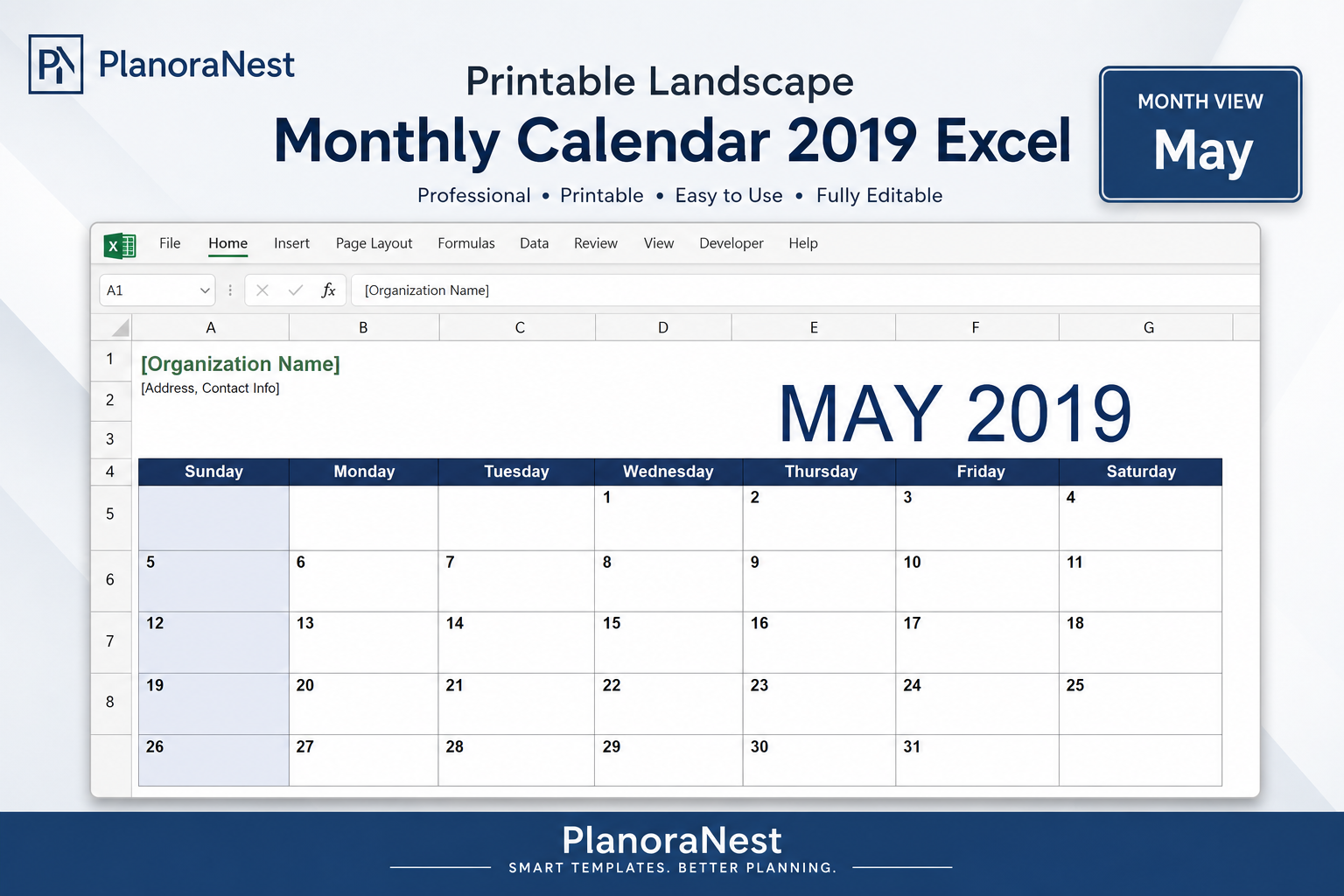 printable landscape monthly calendar 2019 excel screenshot — PlanoraNest Excel template