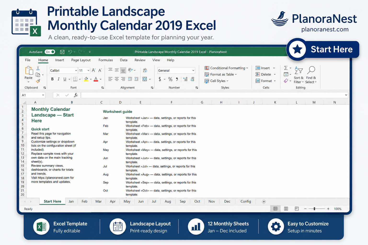 printable landscape monthly calendar 2019 excel start here screenshot — PlanoraNest Excel template