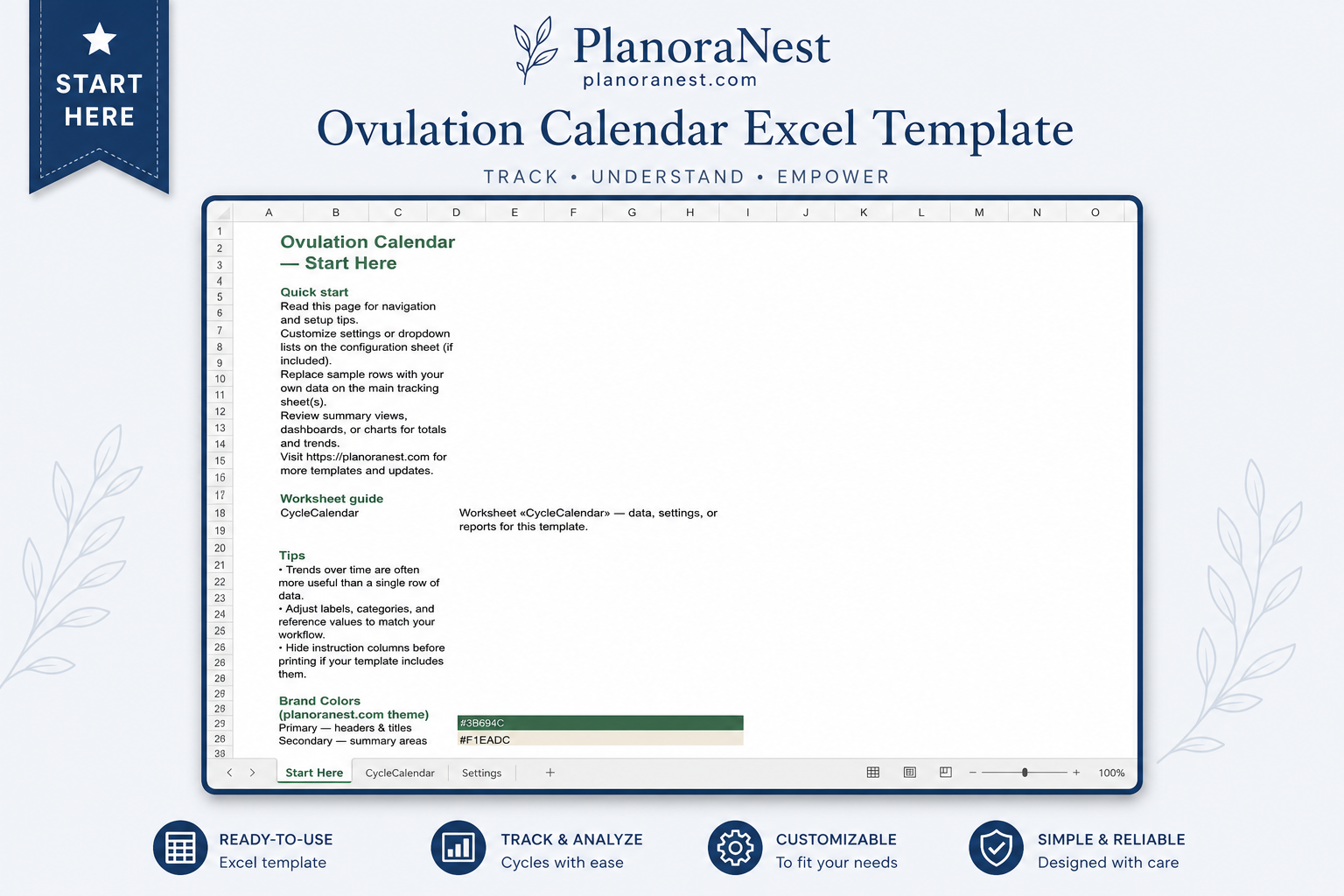 printable ovulation calendar excel templates — Start Here sheet
