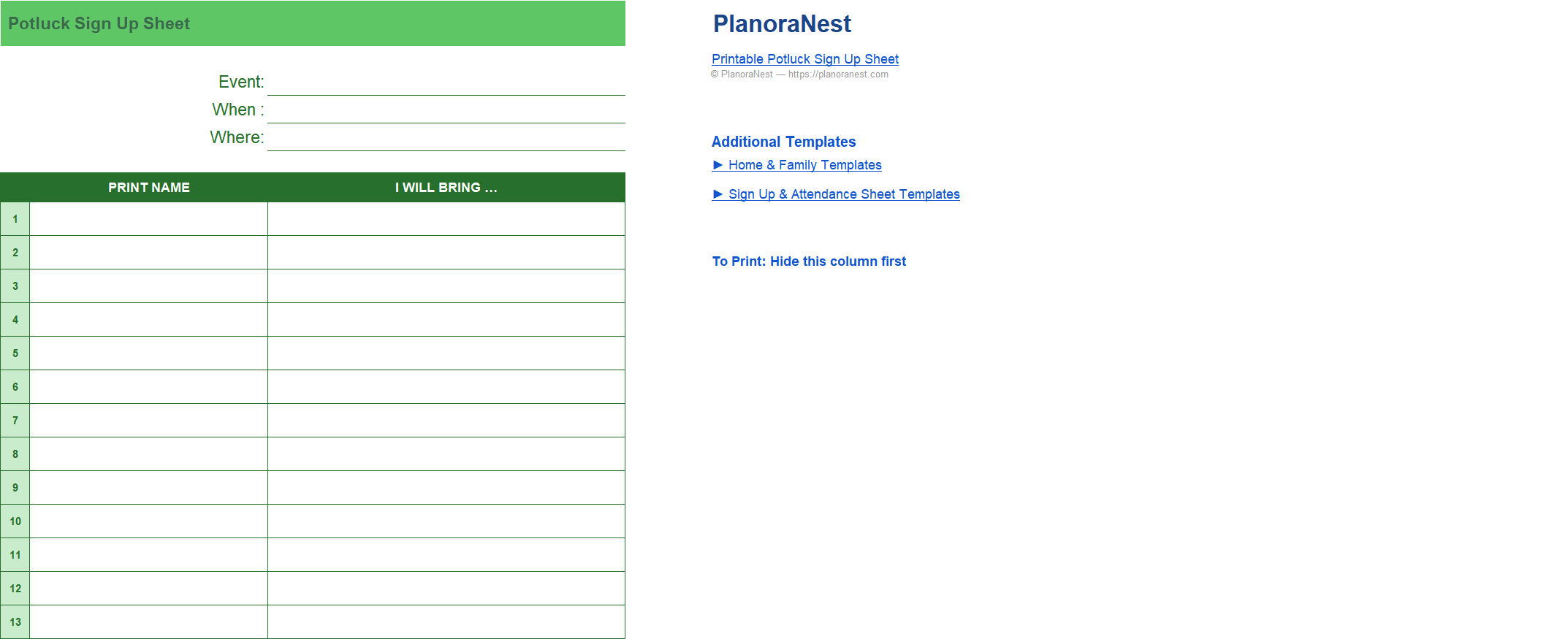 printable potluck sign up excel screenshot — PlanoraNest Excel template