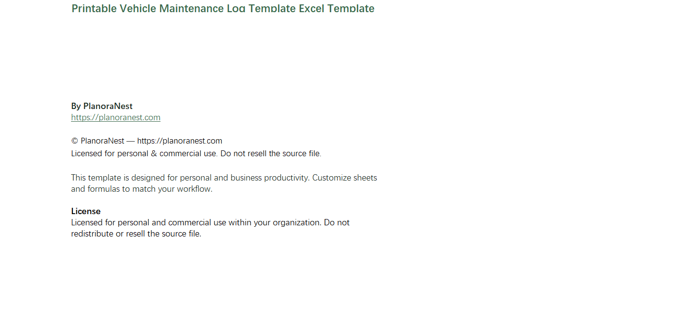 excel printable vehicle maintenance log template template screenshot — PlanoraNest Excel template
