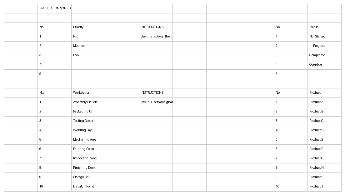 production schedule template excel template screenshot — PlanoraNest Excel template