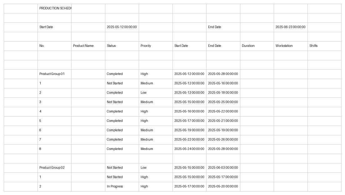 production schedule template excel template screenshot — PlanoraNest Excel template