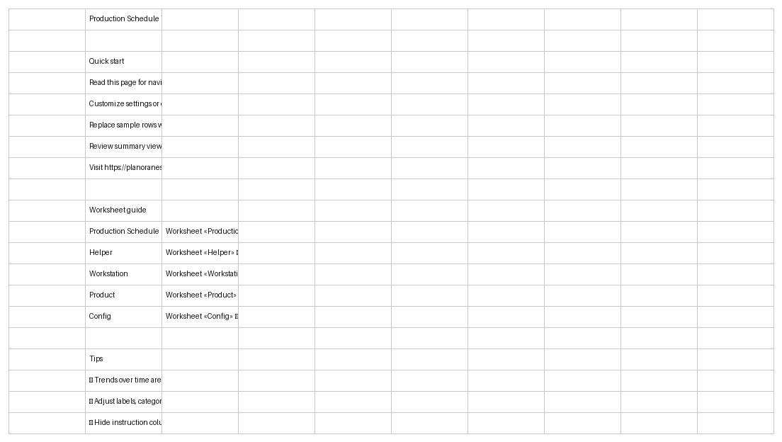 production schedule template excel template start here screenshot — PlanoraNest Excel template