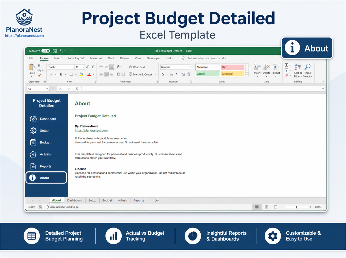 project budget detailed excel template — Project Budget sheet