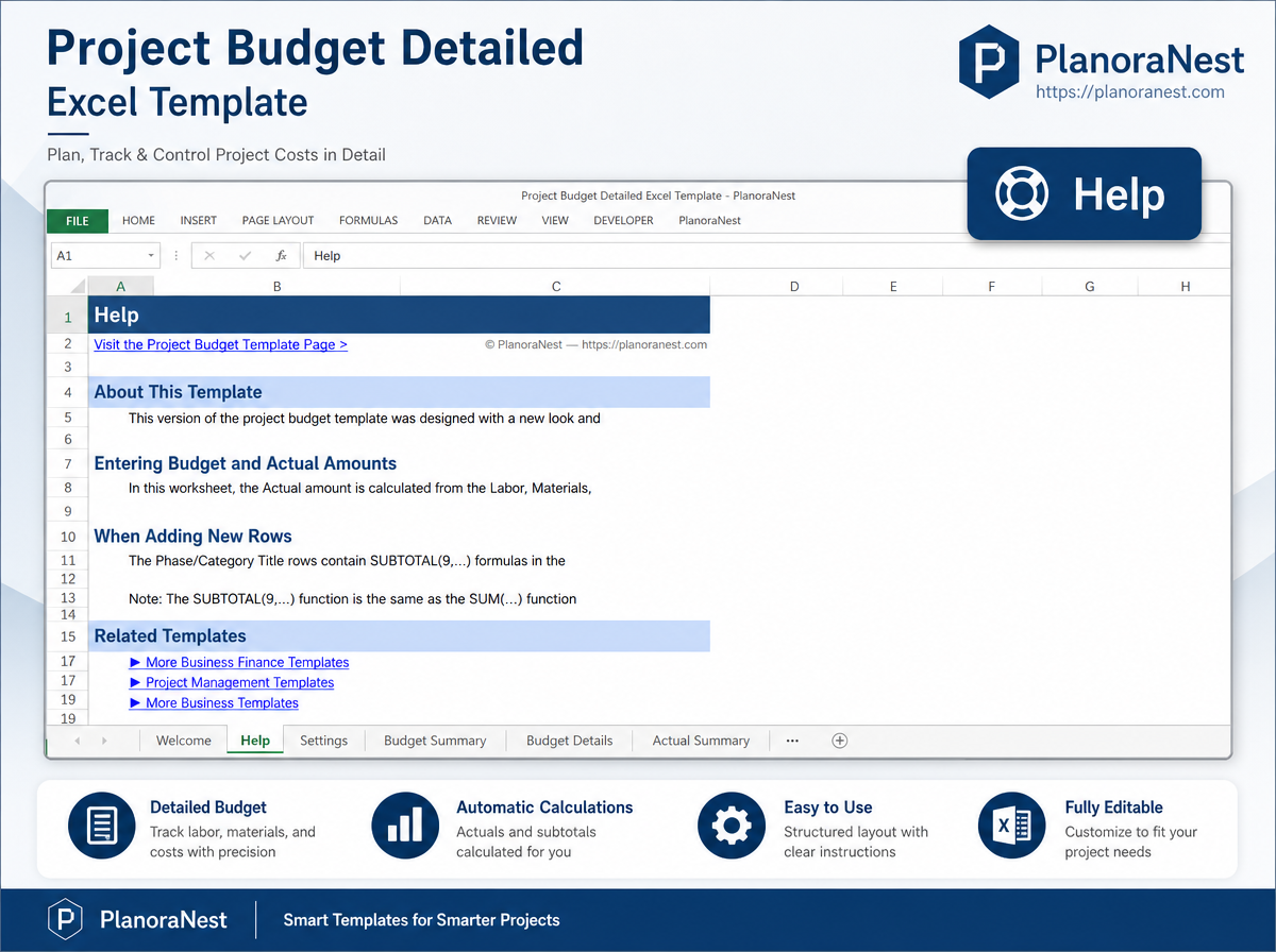 project budget detailed excel template — Help sheet