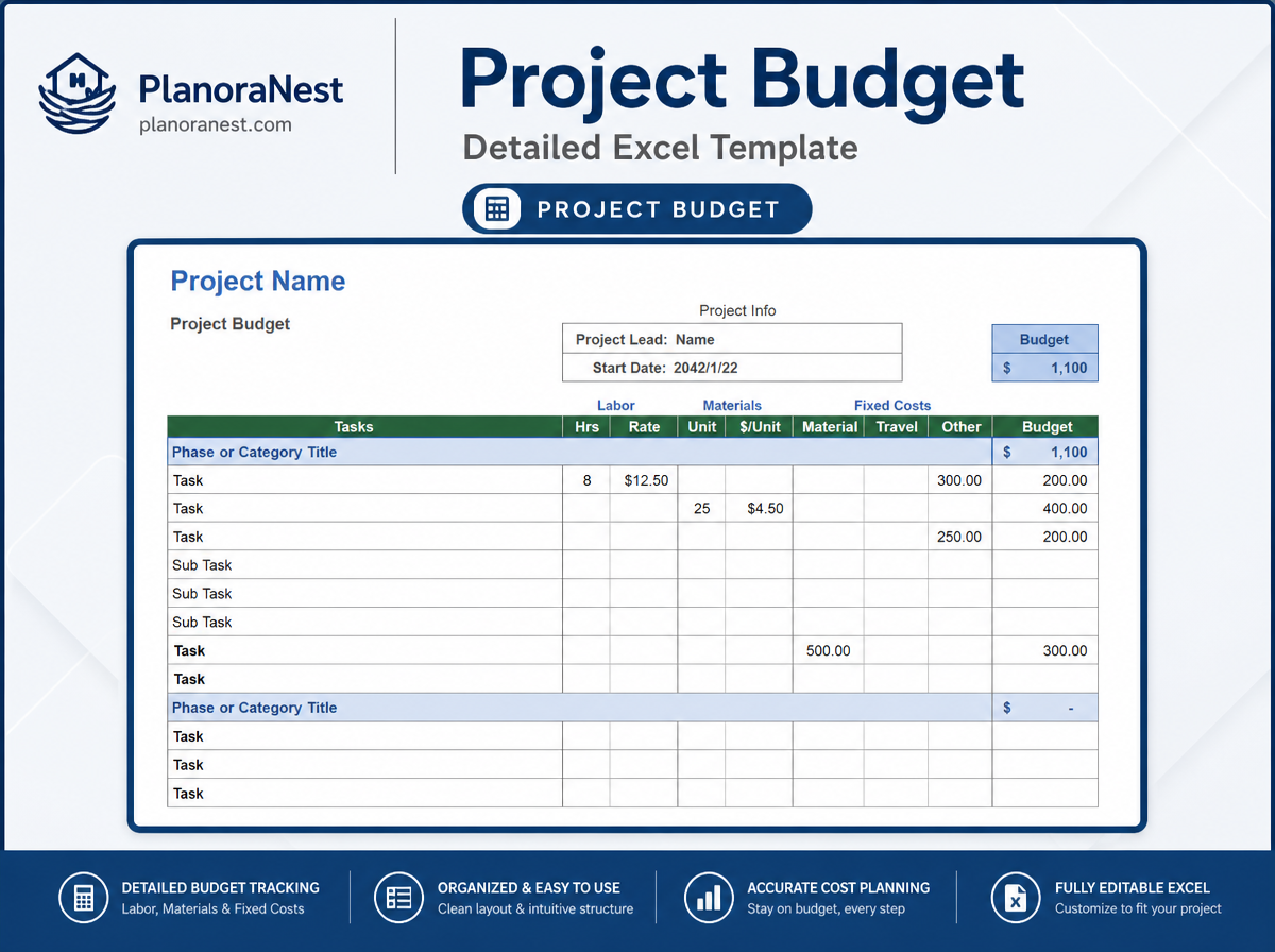 excel project budget detailed template screenshot — PlanoraNest Excel template