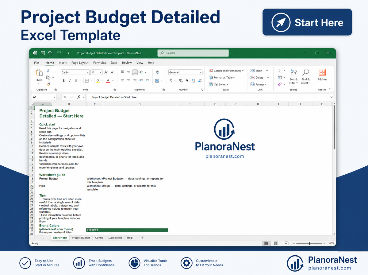 project budget detailed excel template — Start Here sheet