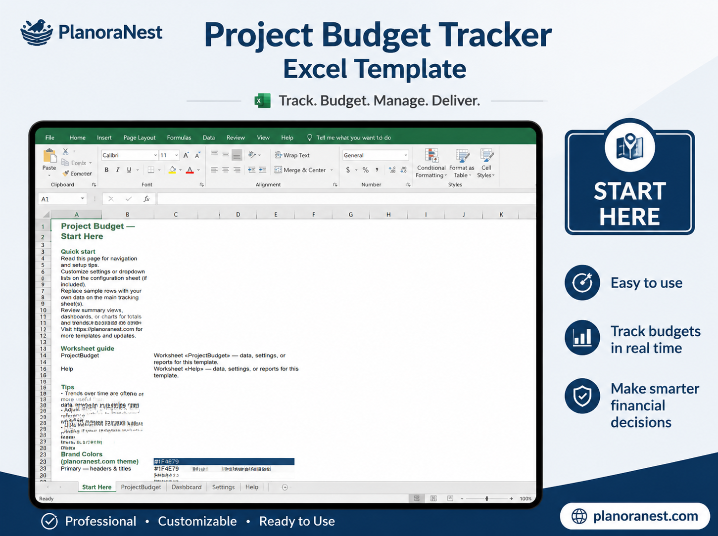 excel construction project budget template start here screenshot — PlanoraNest Excel template
