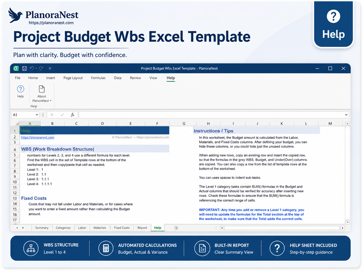 project budget wbs excel template — Help sheet