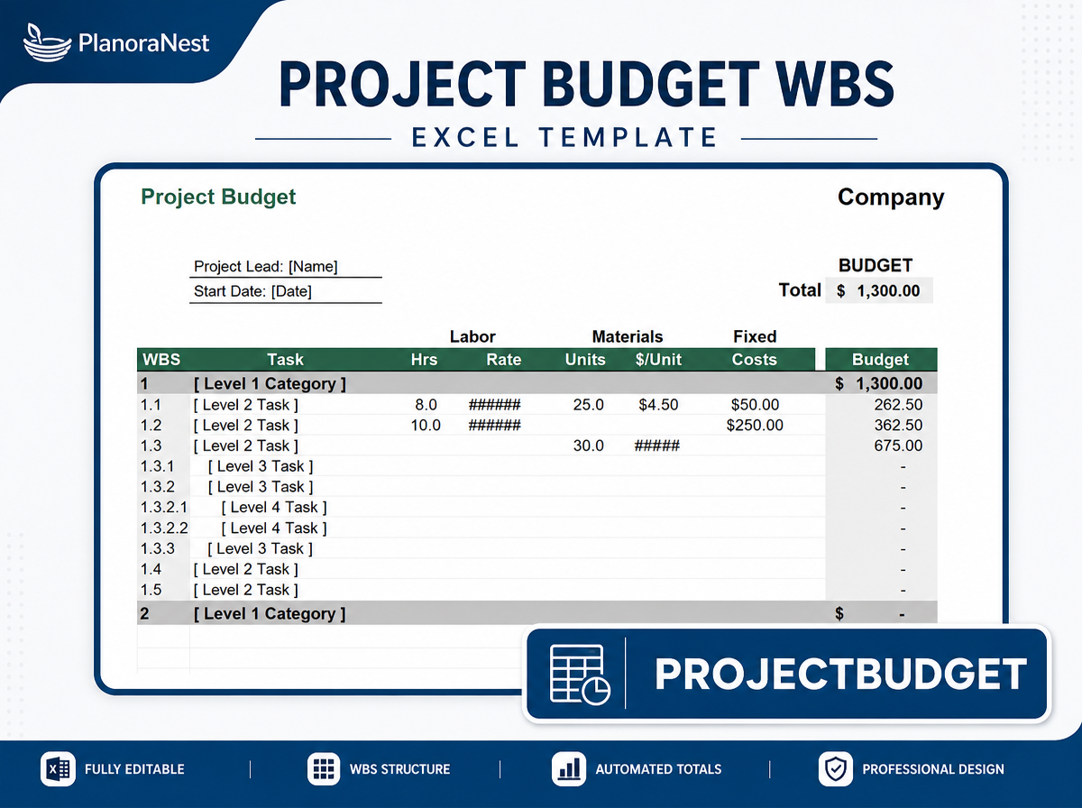 project budget wbs excel template — ProjectBudget sheet