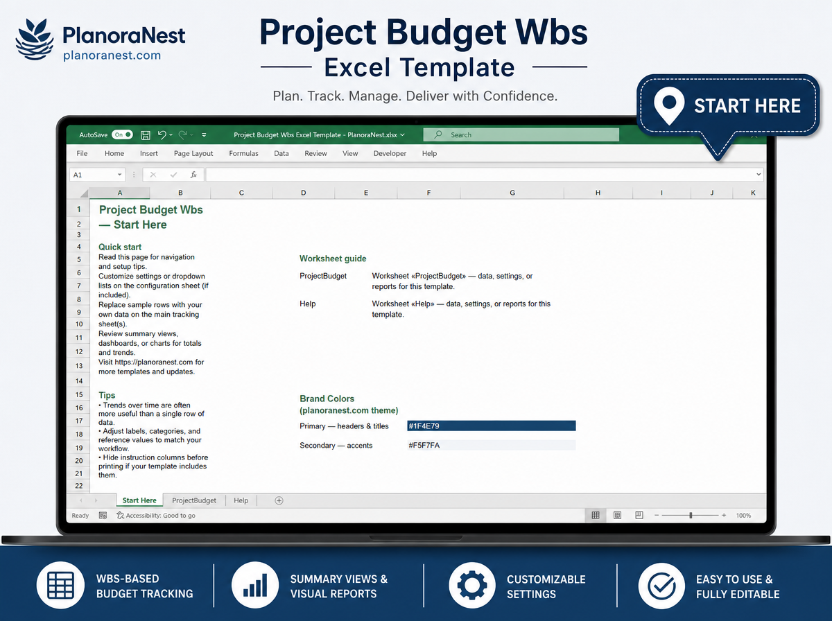project budget wbs excel template — Start Here sheet