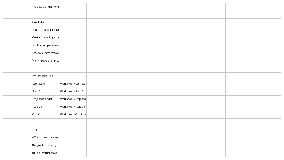 project calendar template excel template start here screenshot — PlanoraNest Excel template