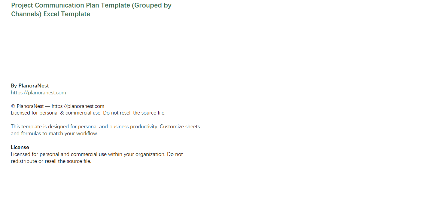 project communication plan template (grouped by channels) excel template screenshot — PlanoraNest Excel template