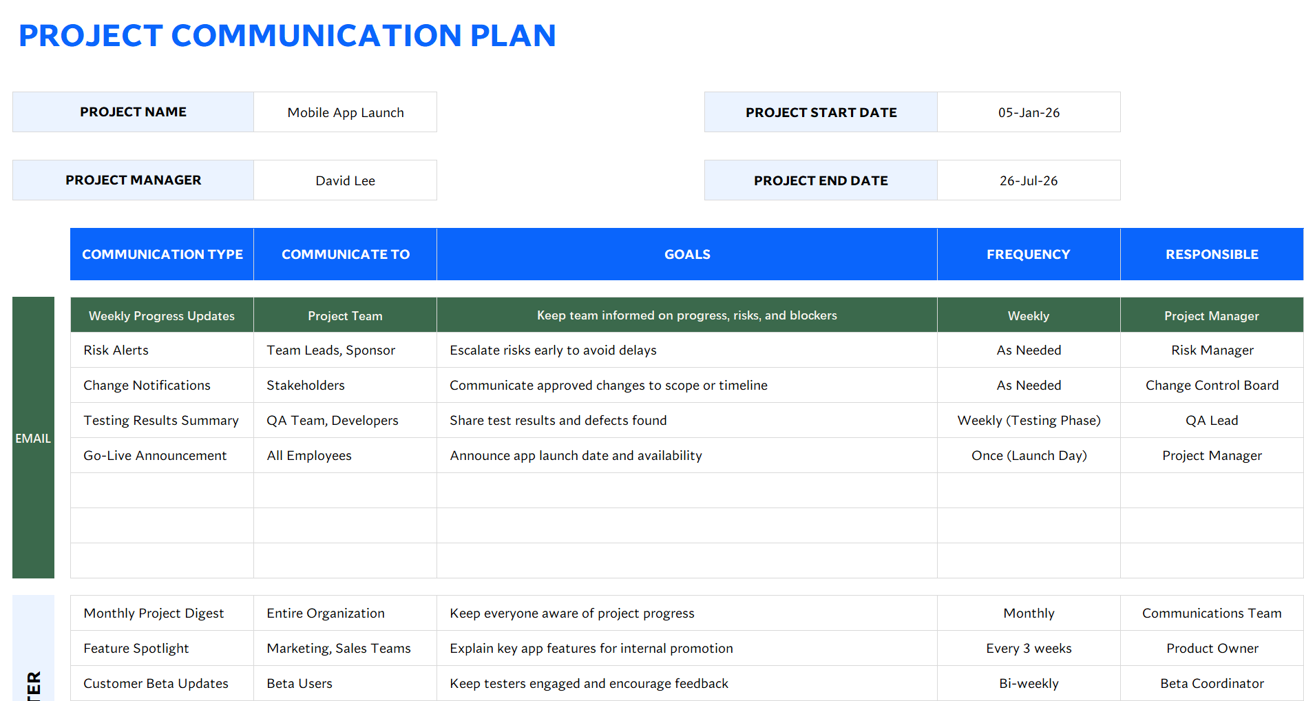 project communication plan template (grouped by channels) excel template screenshot — PlanoraNest Excel template